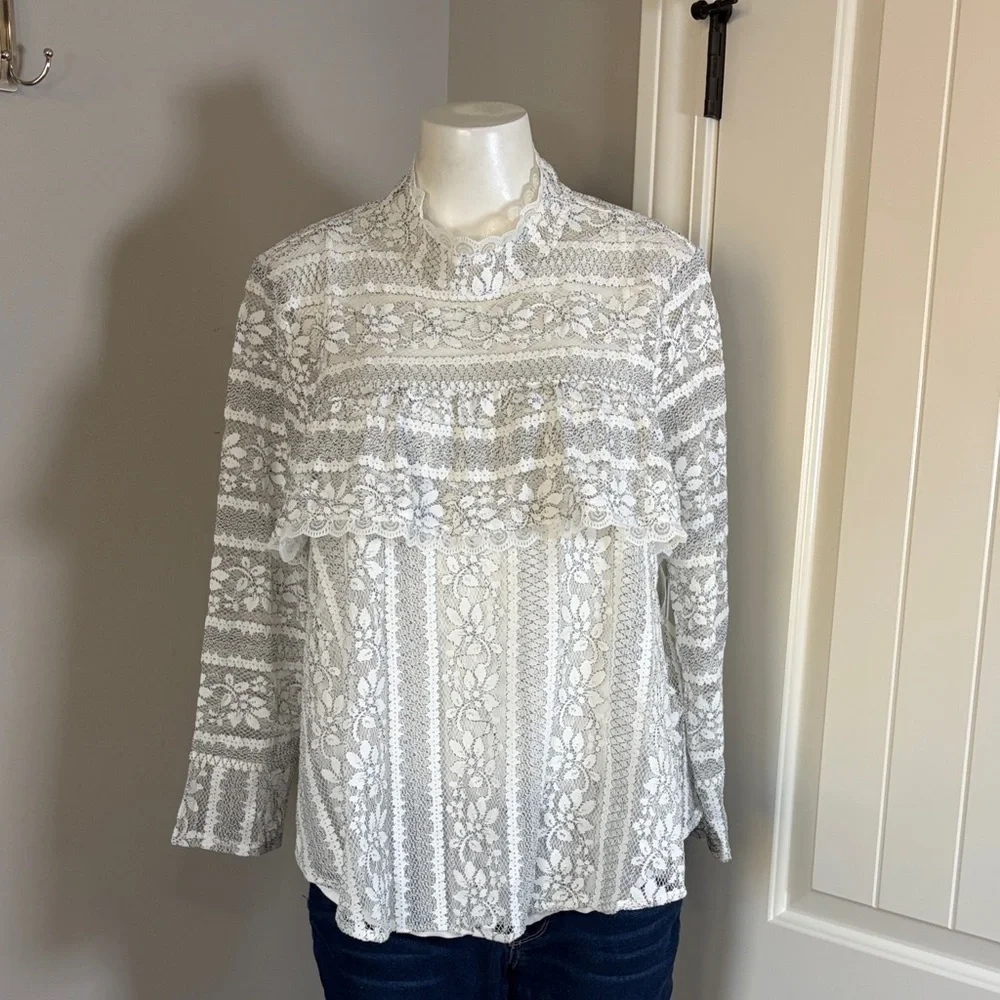 Anthropologie Mock Neck Long-Sleeve Lace Top Cream Black Sz L NEW